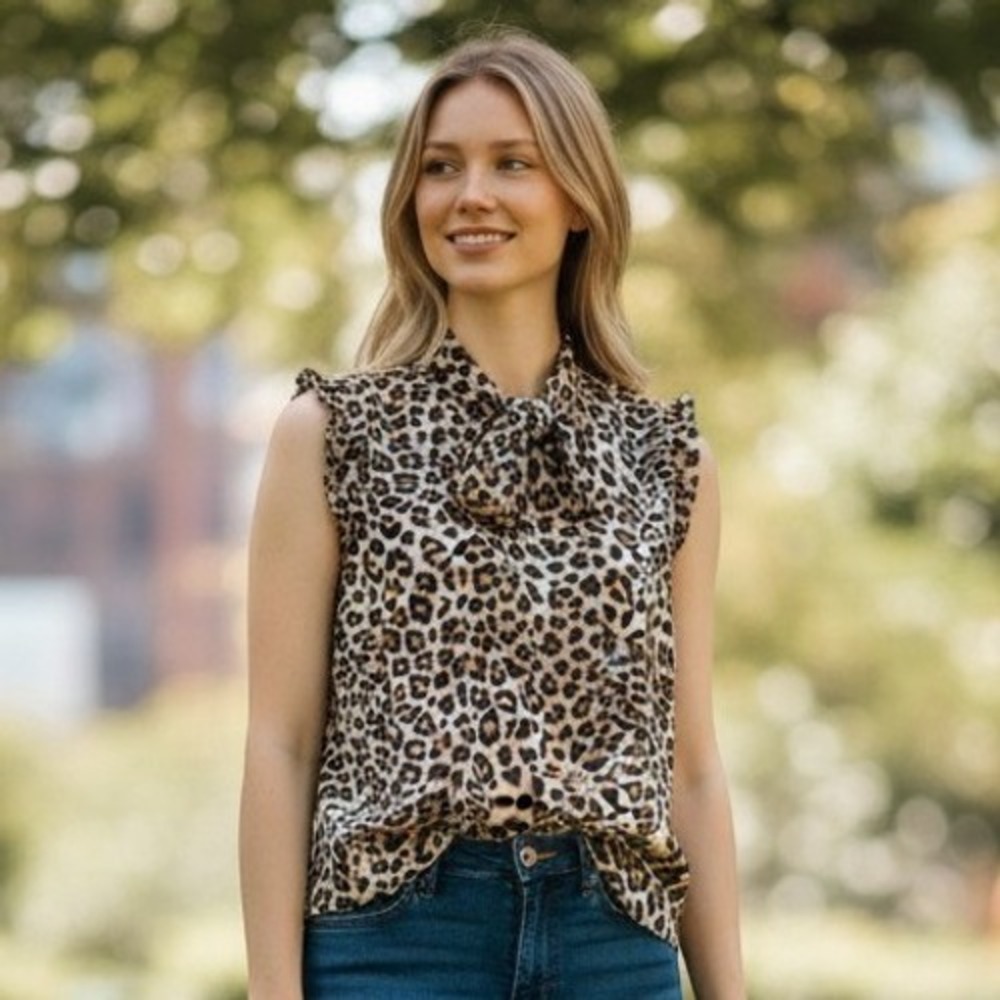 White House Black Market Leopard Print‎ Tie-Neck Blouse Size 8